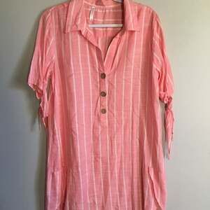 NWOT Passports Coral Pink Striped Tunic Dress Size M Tie Sleeve beach